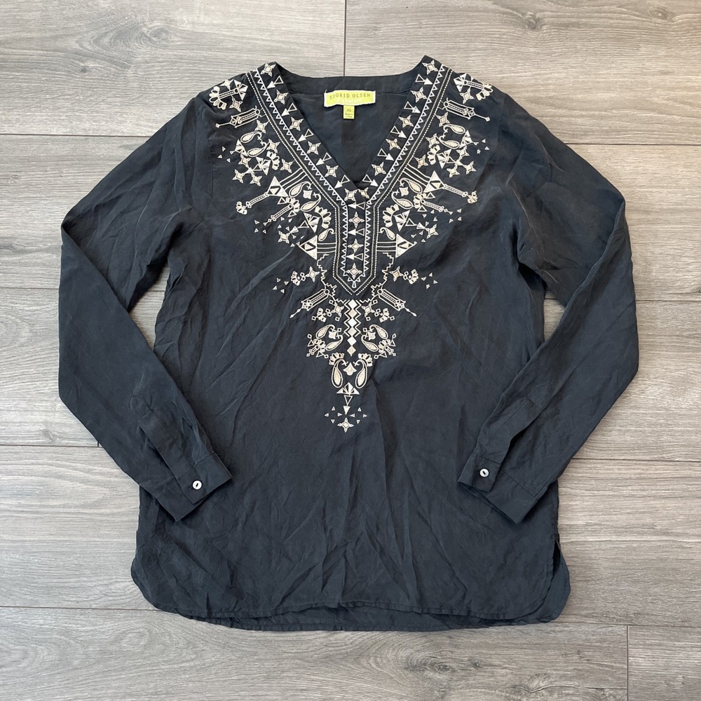 Sigrid Olsen Signature Womens XS Long Sleeve Silk Blouse Embroidered